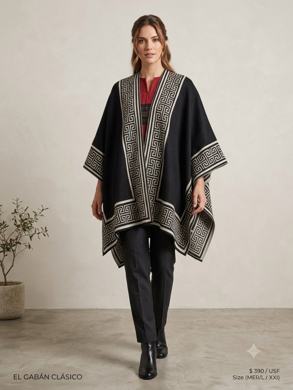 Hand Crafted Black and Cream Geometric Poncho